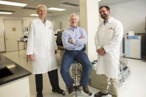 Ritchie-Carraway-Locklin Dr. Branson W. Ritchie (left), a veterinary researcher; Daniel Carraway (center), a UGA alumnus who is co-founder and CEO of RWDC Industries; and Jason Locklin, a polymer chemist and director of the UGA New Materials Institute, work together to develop bio-based resins for the manufacturing of microbially-degradable single-use plastics, like straws and disposable utensils. Photo by Terry Allen, © 2017