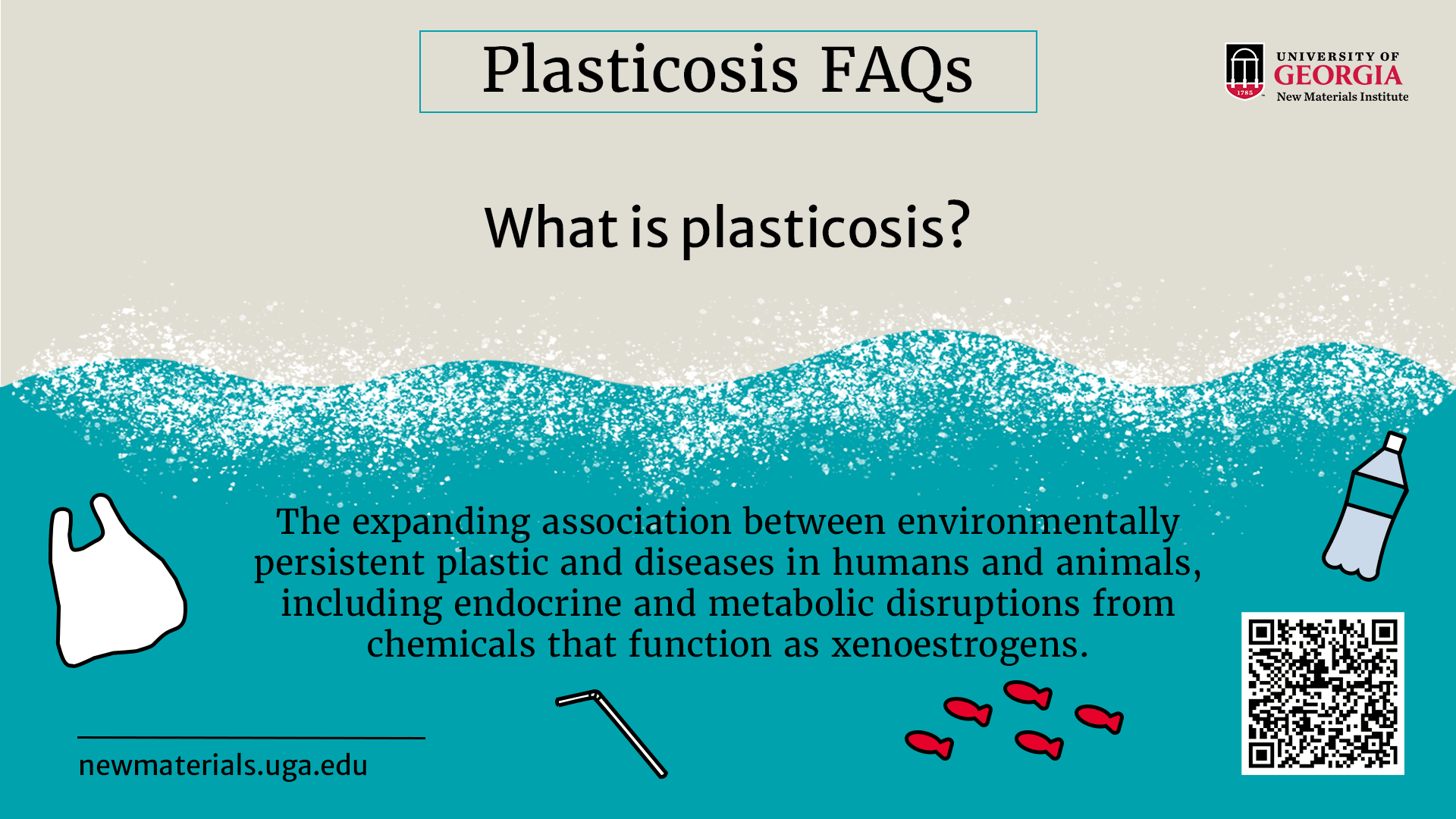 An infographic titled Plasticosis FAQs explains plasticosis, highlighting the connection between persistent plastic exposure and diseases in humans and animals, with illustrations of plastic debris.