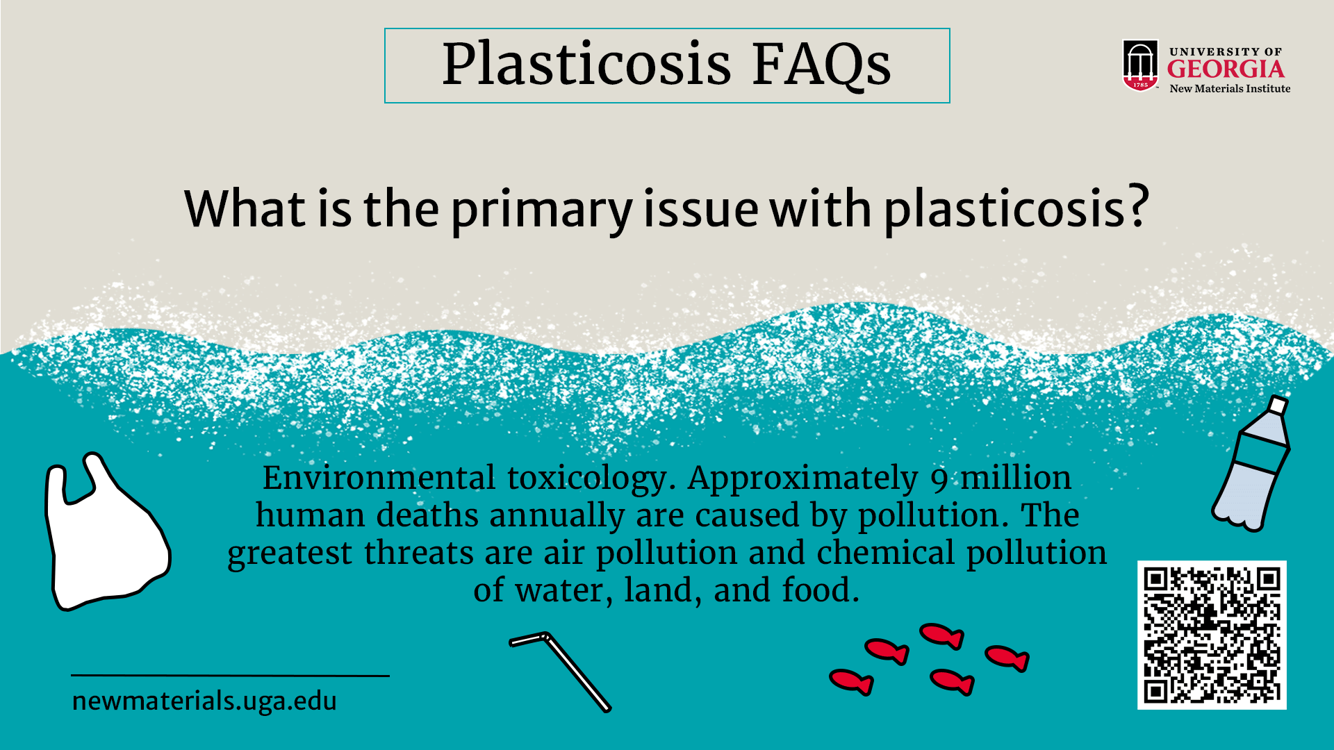 Infographic titled Plasticosis FAQs explains that plasticosis is an environmental toxicology issue, linking plasticosis-related pollution to 9 million annual human deaths and highlighting air, water, land, and food contamination.