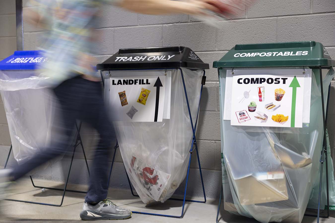 Fans dispose of trash in organized bins at Foley Field during a zero waste initiative in 2023. (Photo by Chamberlain Smith/UGA)