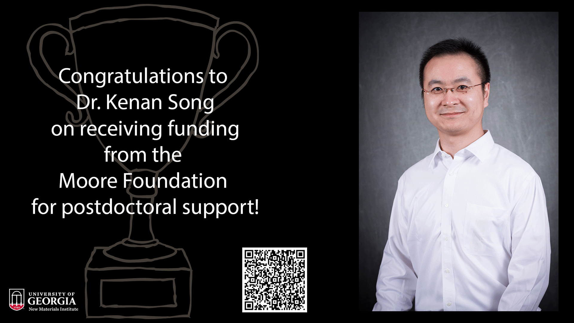Celebrate Dr. Kenan Song on receiving Moore Foundation postdoctoral funding, with his portrait featured on the right and University of Georgia branding proudly displayed.