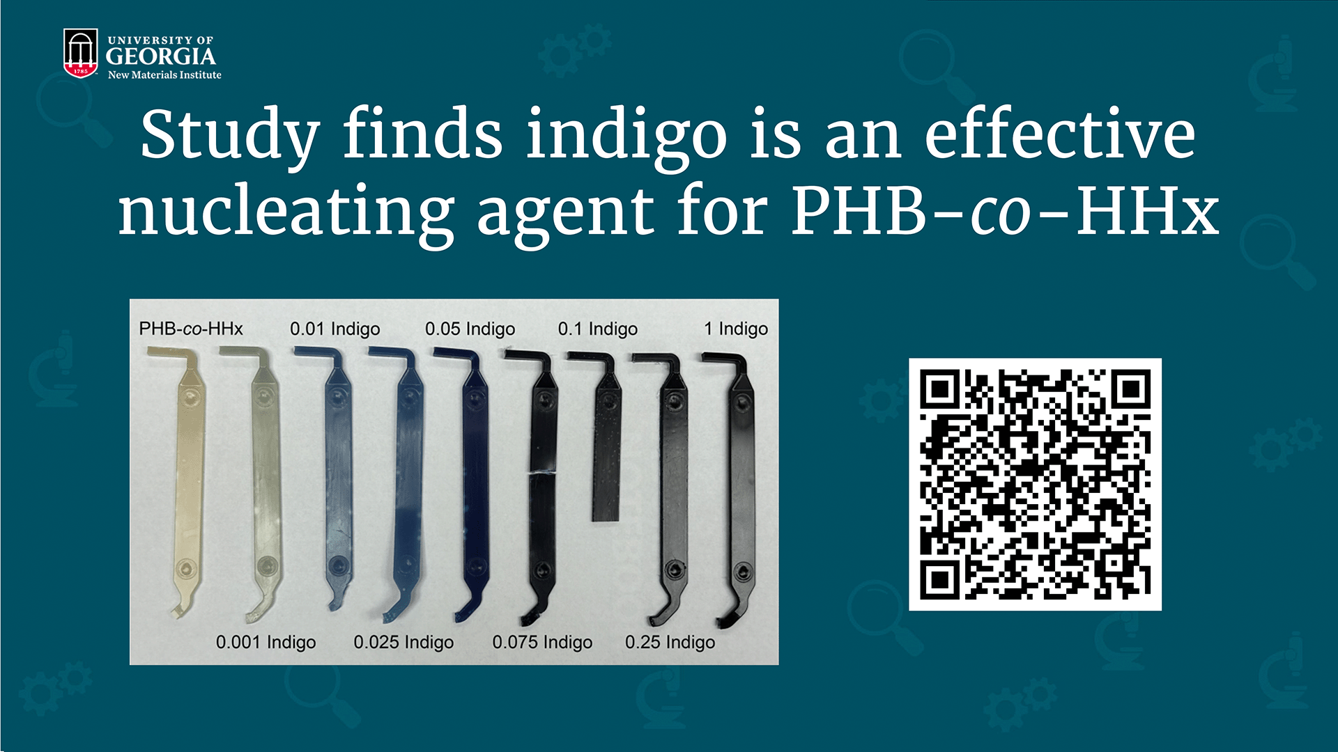 Seven PHB-co-HHx samples with rising indigo concentrations from 0 to 1 are arranged on a teal background alongside a QR code and the University of Georgia logo.