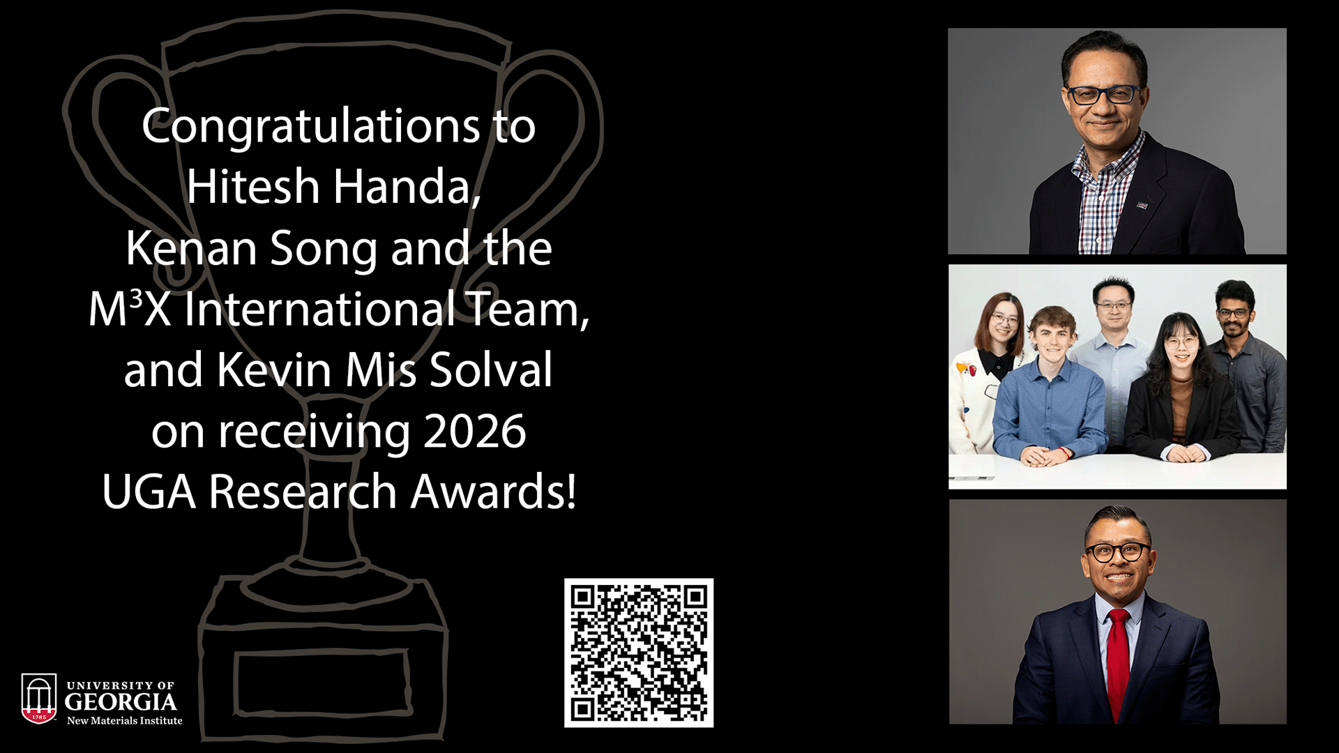 Black slide featuring a trophy outline, congratulatory text for research awards recipients, QR code, and professional portraits of three groups on the right side.