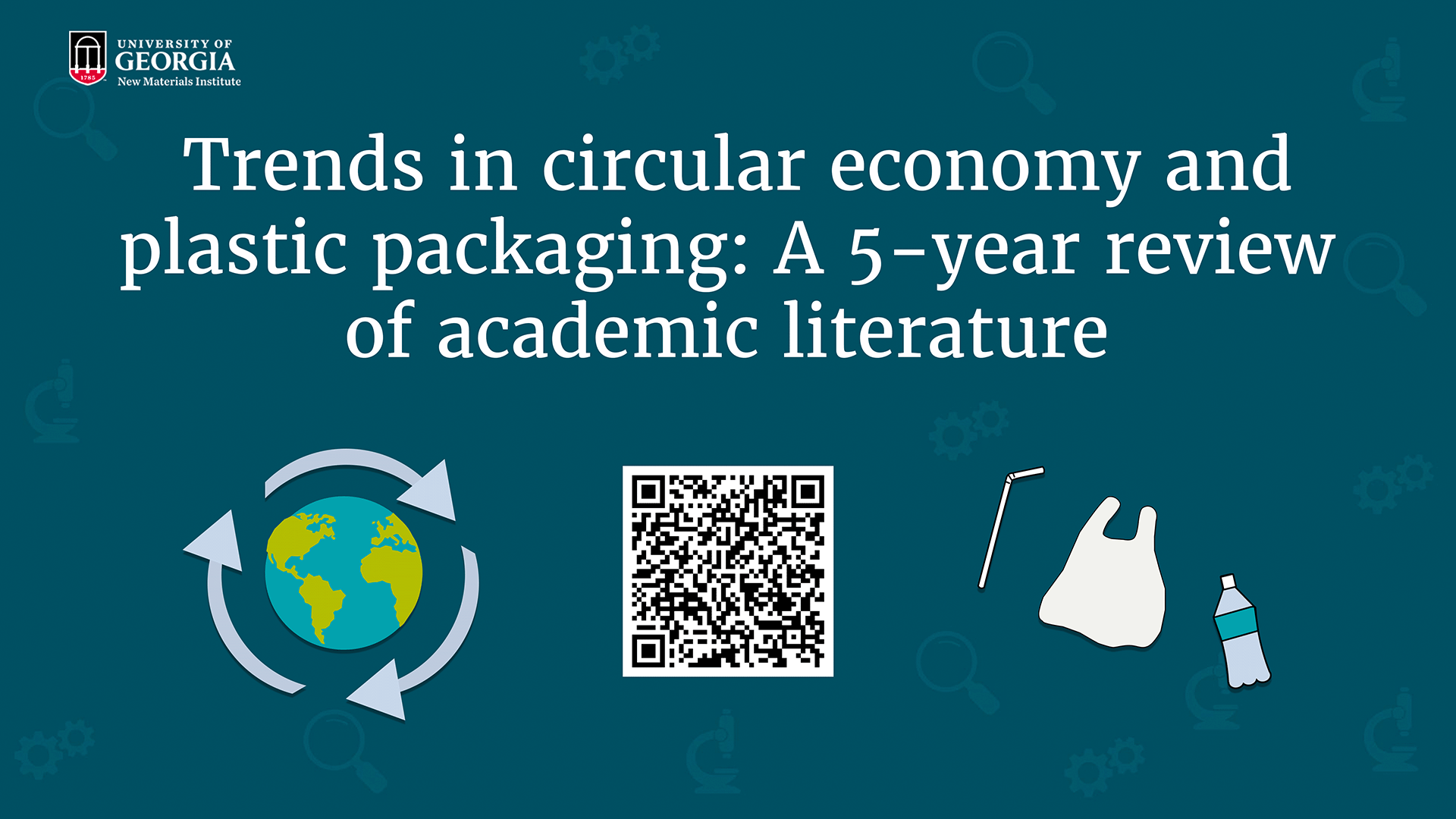 Jambeck 5Year Slide Draft 3 A presentation slide titled Trends in the circular economy and plastic packaging: A 5-year review of academic literature, featuring icons of the earth, recycling, QR code, plastic bag, and bottle.
