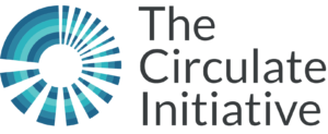 Logo for The Circulate Initiative, featuring blue circular arcs forming a partial spiral—evoking the flow of an Urban Ocean—next to the organization’s name in bold gray text on a light background.