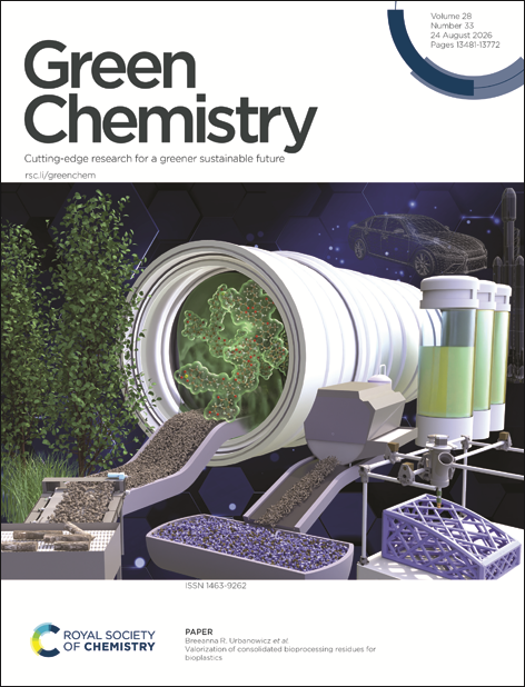 Green Chemistry cover Cover of Green Chemistry journal showing a futuristic laboratory, a transparent bioreactor with green plants inside, and scientific equipment processing plant material on a conveyor belt for the production of poly(butylene succinate) biocomposites utilizing advanced 3D printing technologies.
